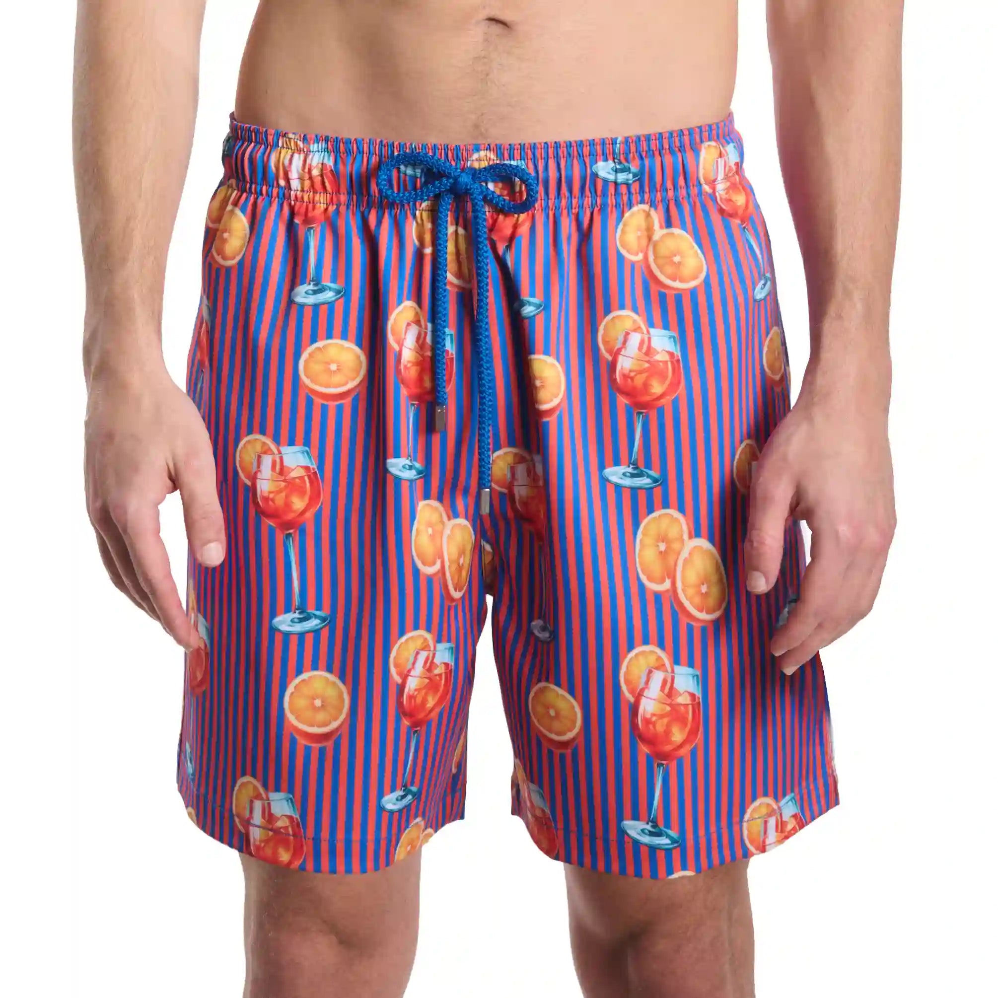 Sunset Spritz, Ocean and Heat men's hybrid swim short in the 9 inch Long, purple and coral stripe with a cocktail print, front view