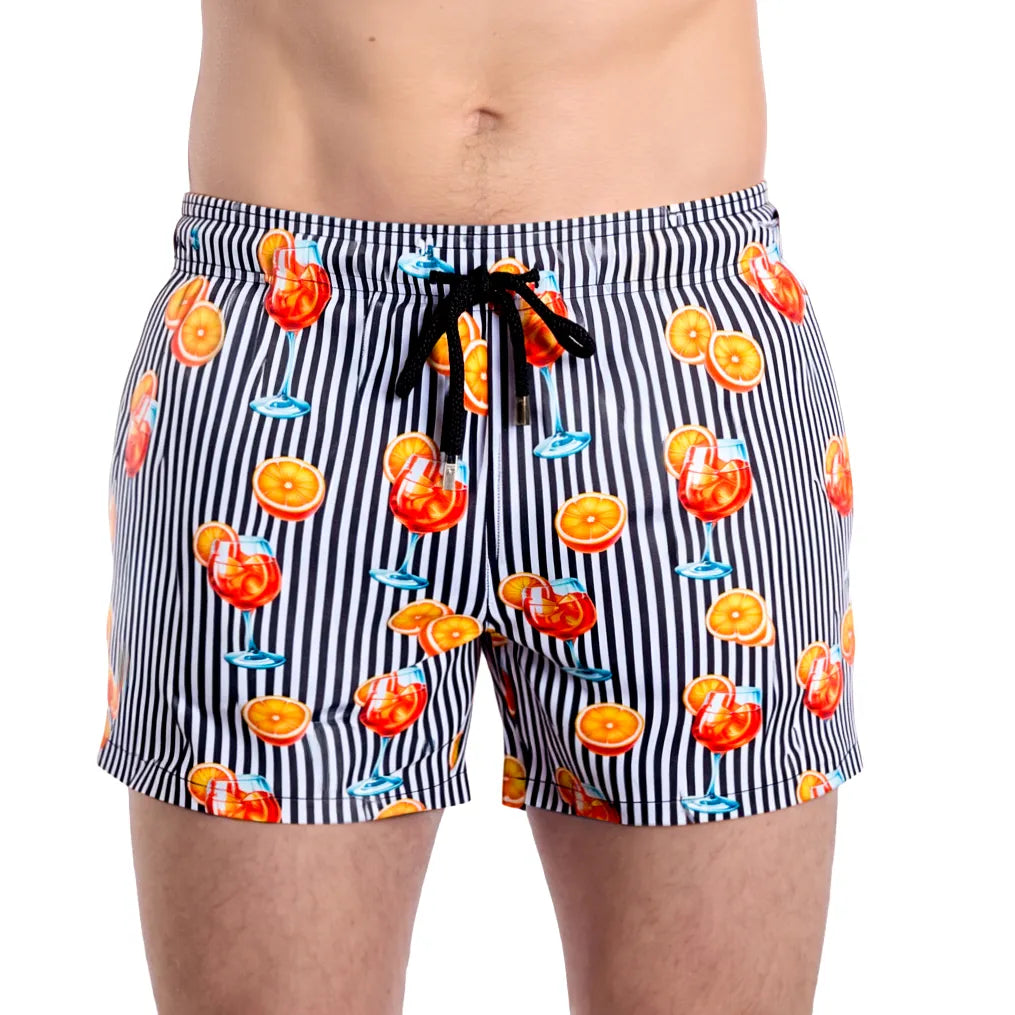 Sunset Spritz, Surf and Storm men's hybrid swim short in the 3 inch Short, black and white stripe with a cocktail print, front view