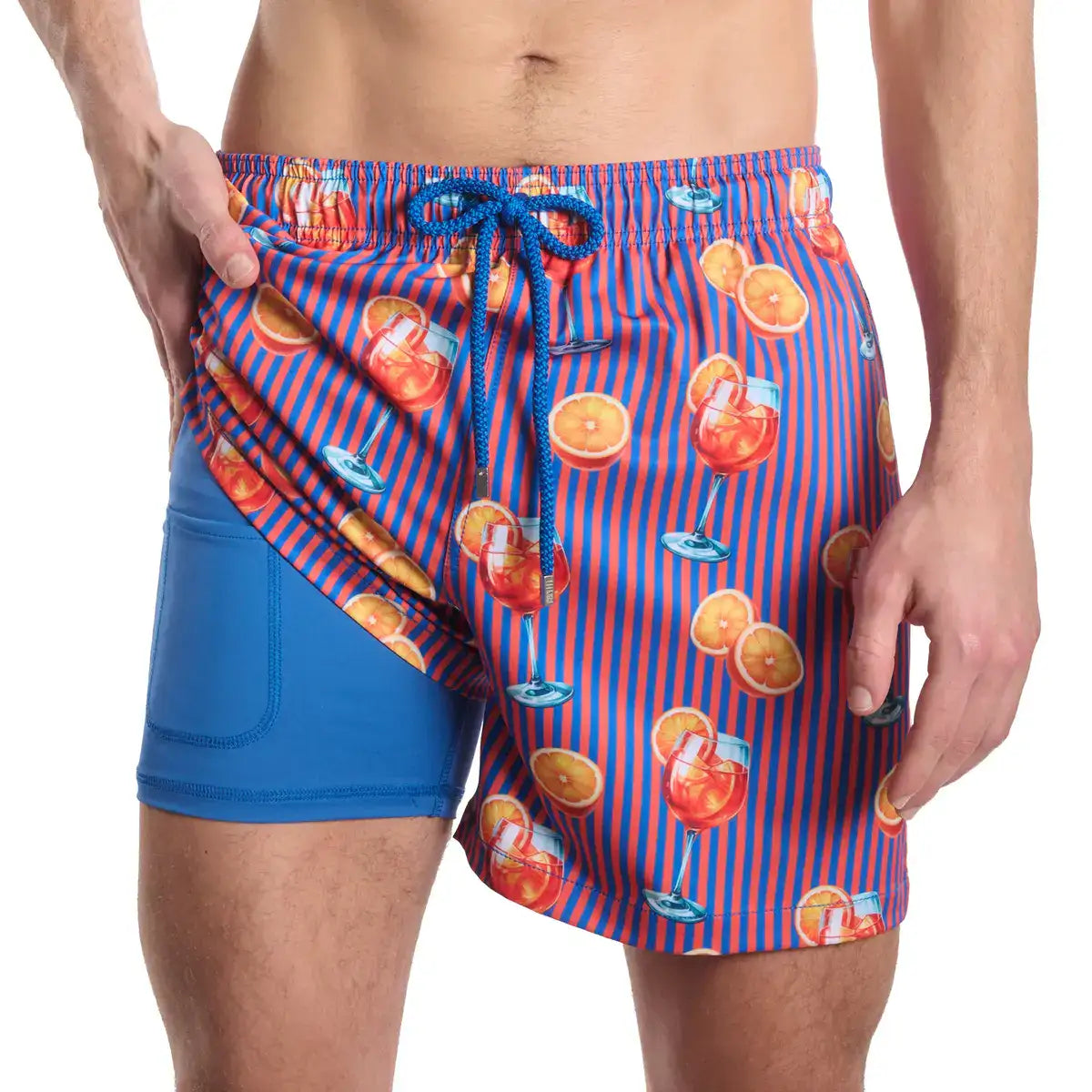 Sunset Spritz, Ocean and Heat men's hybrid swim short, purple and coral pinstripe with a spritz cocktail print, front view showing the aqua compression liner