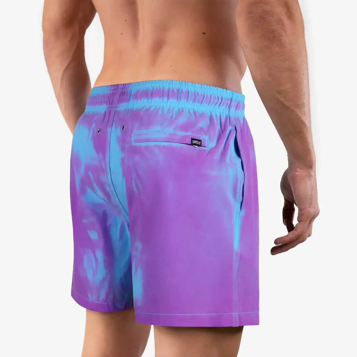 Switch Blue/Purple men's color changing hybrid swim short in purple, back view