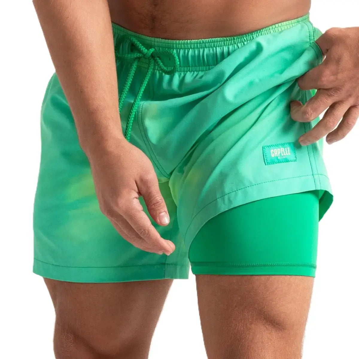 Switch Lemon/Lime men's color changing hybrid swim short, lemon yellow when dry turning lime green where wet, front view