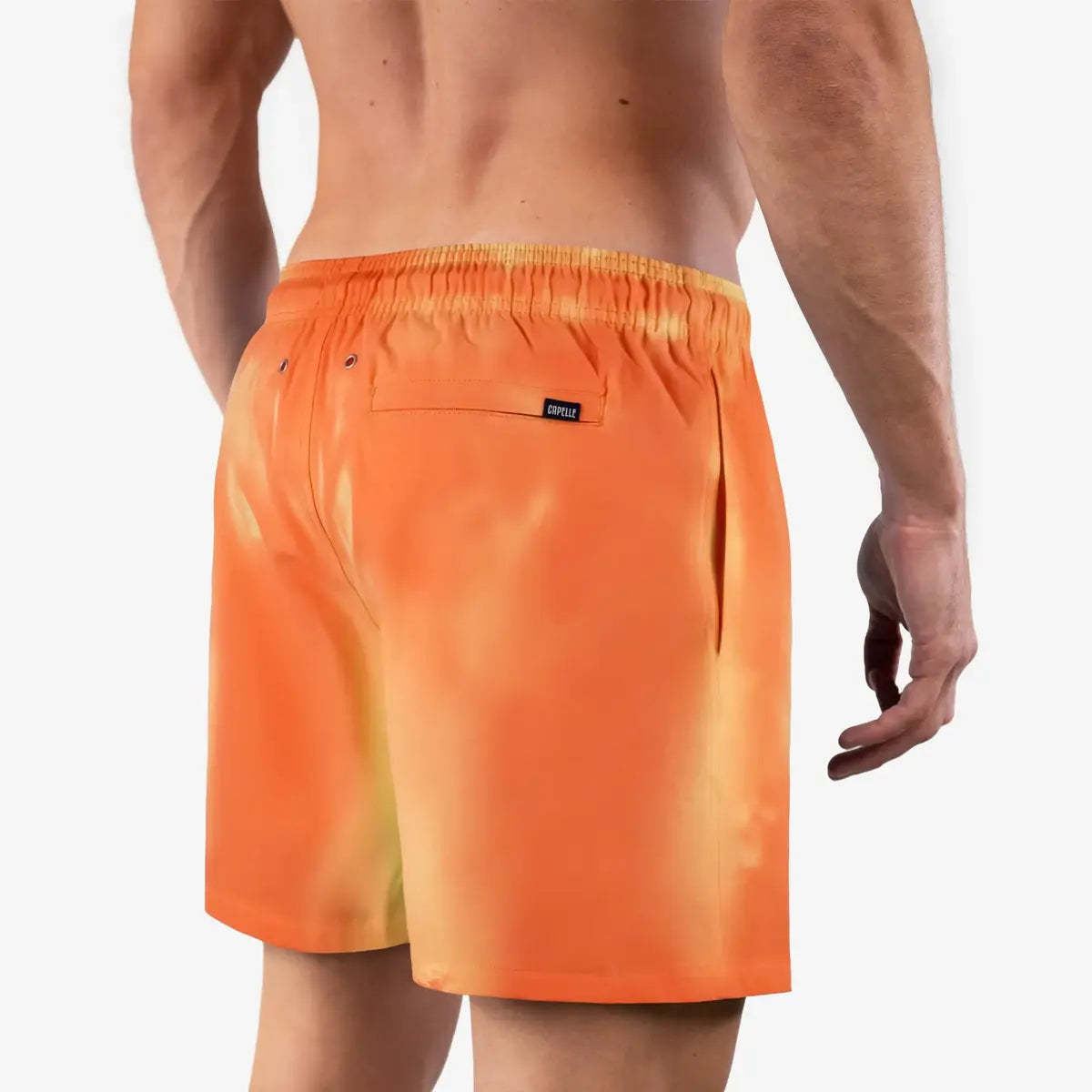 Switch Yellow/Orange men's color changing hybrid swim short in orange, back view