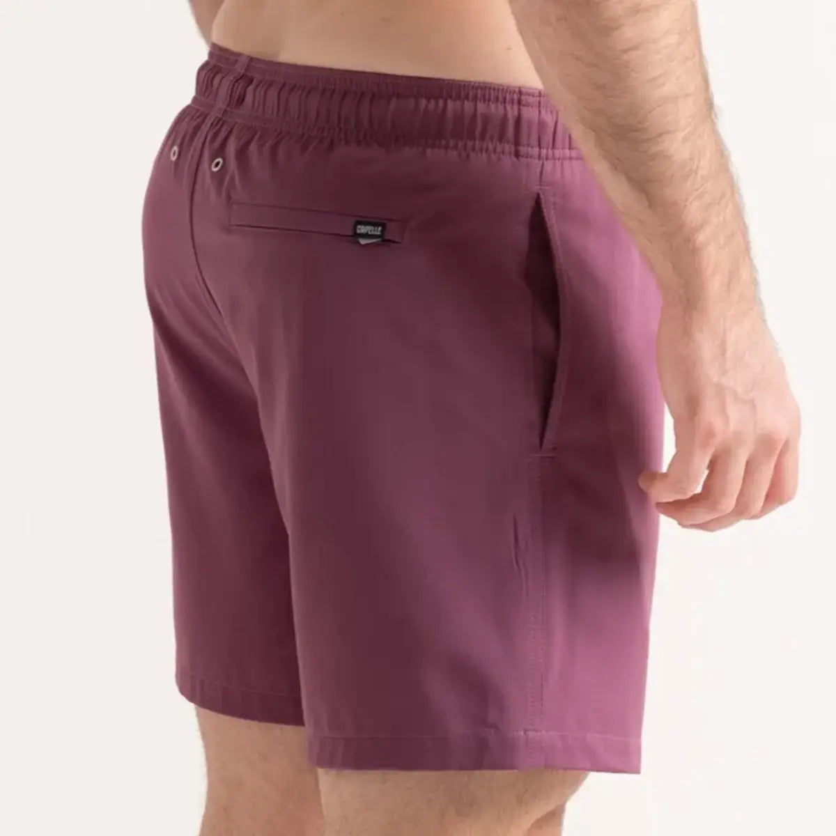 Terracotta men's hybrid swim short in solid dusty mauve, back view