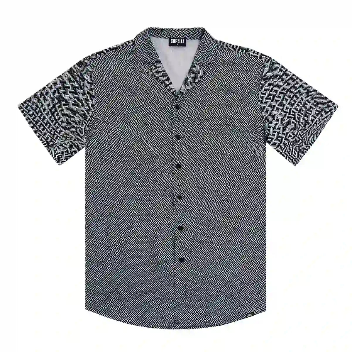 The Labyrinth men's resort shirt, navy and white micro geometric print, short sleeve camp collar button down, front view