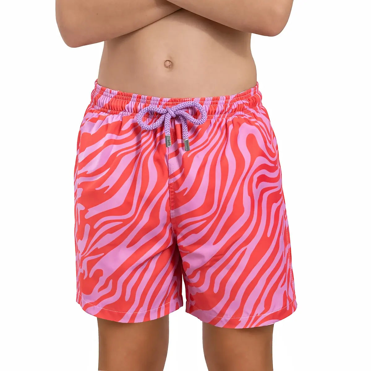 Tropical Swirl, Coral and Orchid boys hybrid short, front view, second angle
