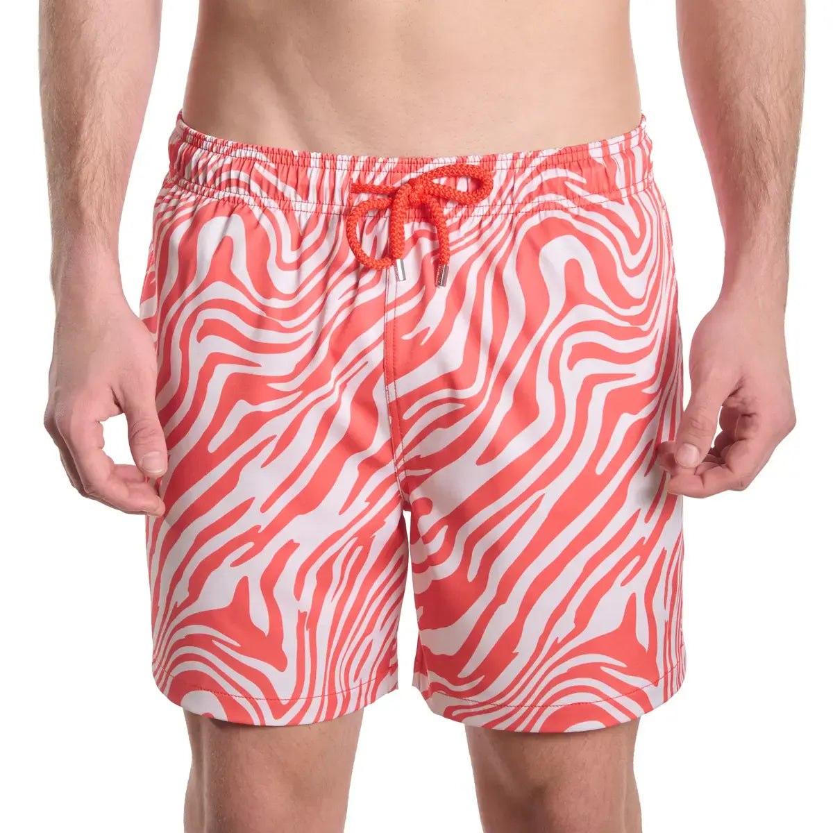 Tropical Swirl, Coral and Sand men's hybrid swim short in a coral and white swirled print, front view, second angle