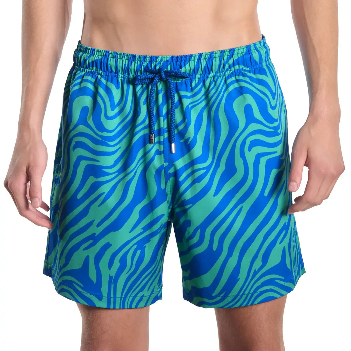 Tropical Swirl, Ocean and Palm men's hybrid swim short in a blue and green swirled print, front view, second angle