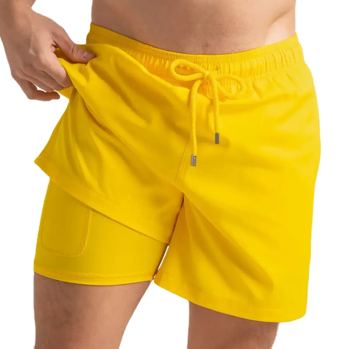 True Yellow men's hybrid swim short in solid bright yellow with a matching drawstring, front view showing the yellow compression liner