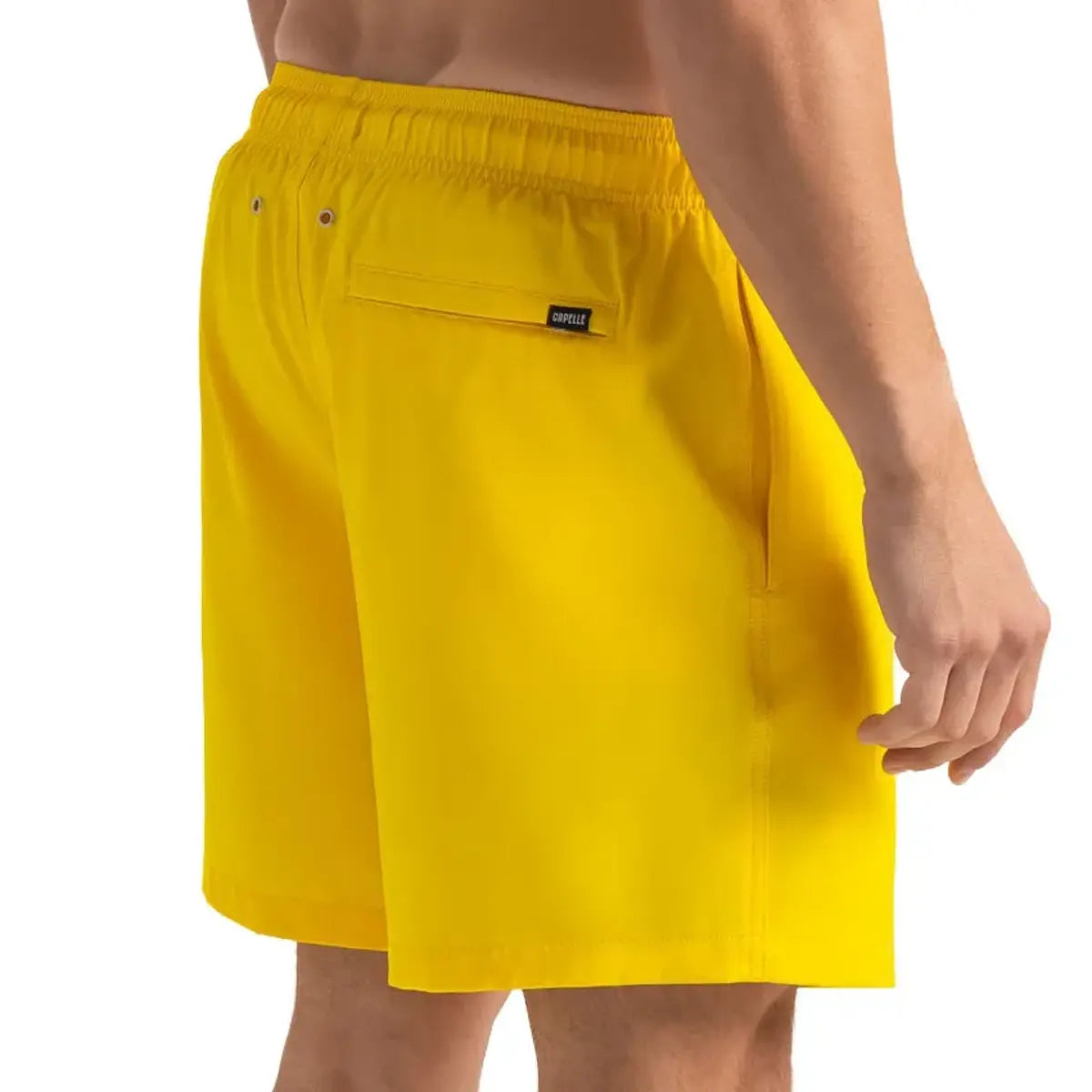 True Yellow men's hybrid swim short in solid bright yellow, back view