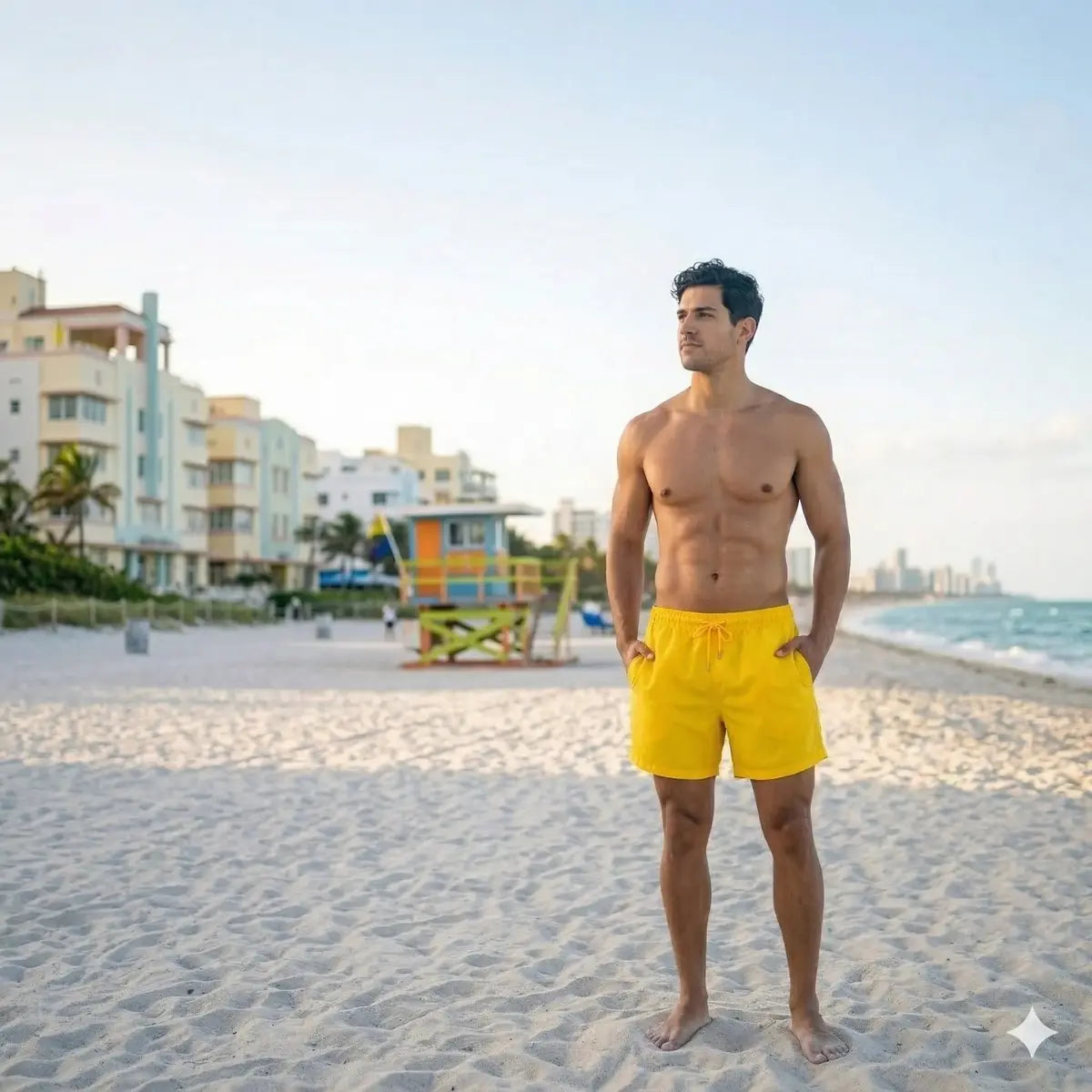 Man in True Yellow hybrid swim shorts in solid bright yellow, outdoors