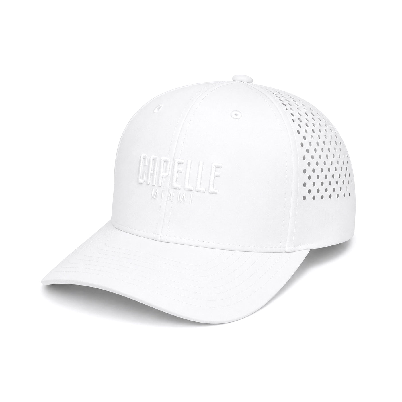 Arctic White Laser Luxe Performance Snapback Hat, front, tonal 3D embroidered Capelle Miami logo and laser perforated side panels