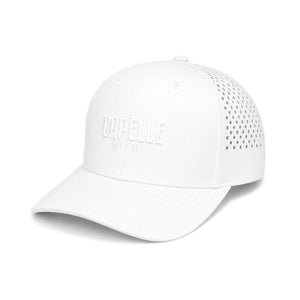 Arctic White Laser Luxe Performance Snapback Hat, front, tonal 3D embroidered Capelle Miami logo and laser perforated side panels