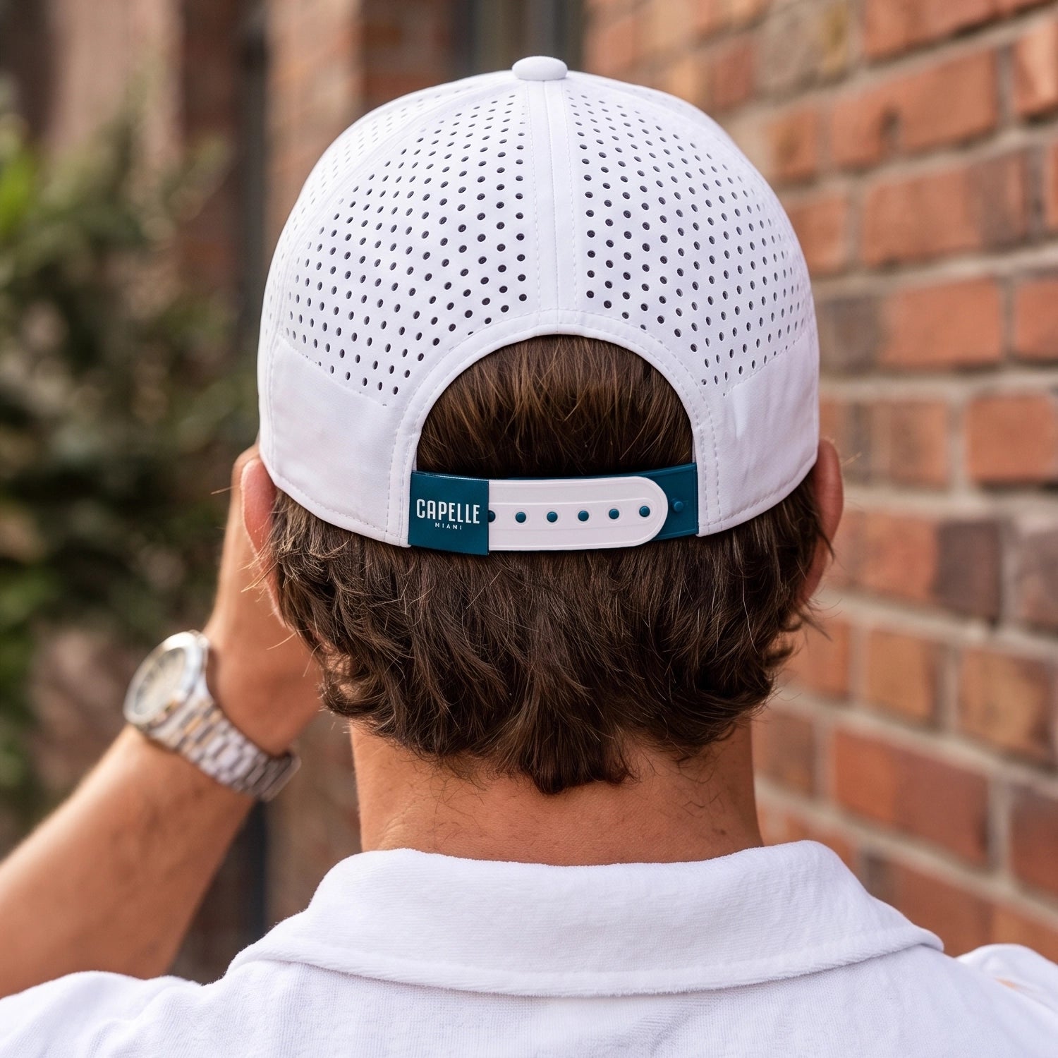 Arctic White Laser Luxe Performance Snapback Hat from behind, Arctic Blue and white snapback strap, Capelle Miami
